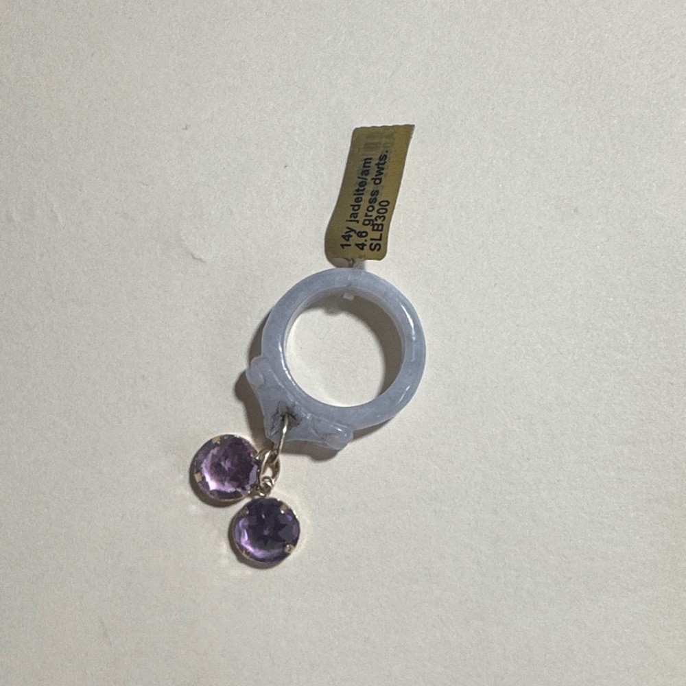 100% Natural Type A Handcrafted Jade Ring w/14k Amethyst Jewels.